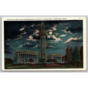 Postcard MA Springfield Municipal Group Administration Building by Moonlight